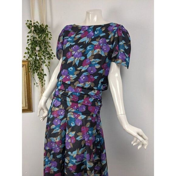 80s party dress floral print, drop waist short sleeve size 9 - Picture 1 of 9